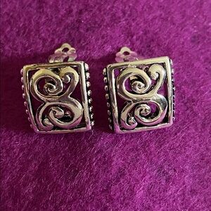 Elegant Silvertone Clip On Swirl Filigree Square Bead Edge Earrings EUC